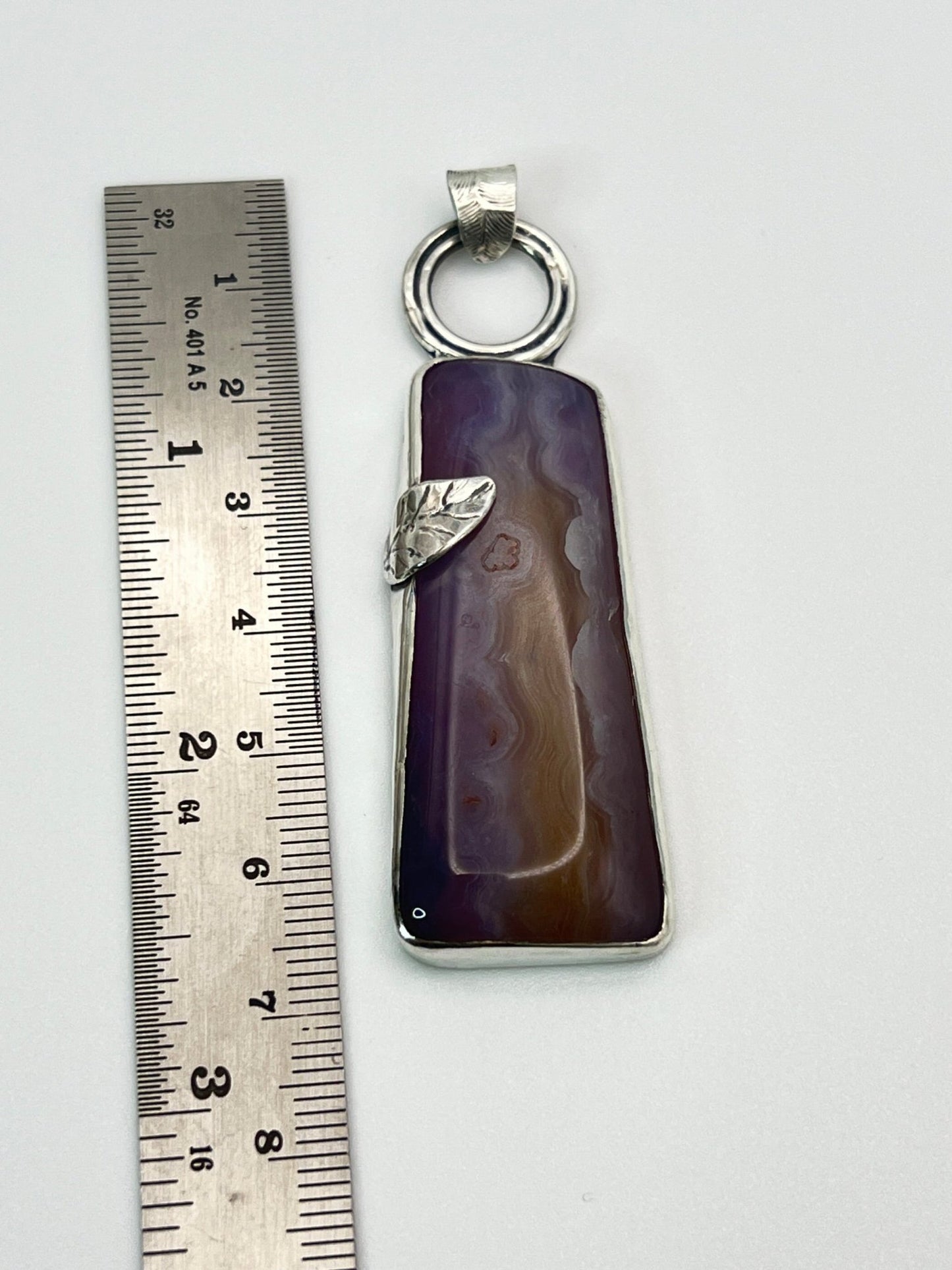Natural Gemstone Purple Agate in Stirling Silver Pendant with Asymmetrical Leaf Accent - DivineGemCat