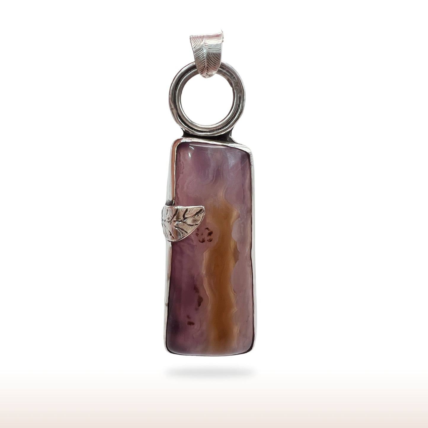 Natural Gemstone Purple Agate in Stirling Silver Pendant with Asymmetrical Leaf Accent - DivineGemCat