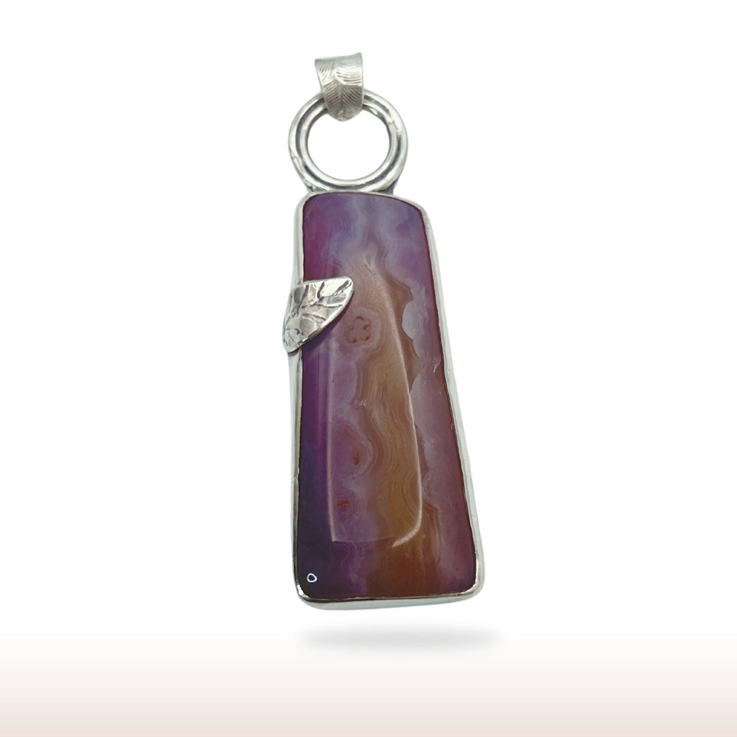 Natural Gemstone Purple Agate in Stirling Silver Pendant with Asymmetrical Leaf Accent - DivineGemCat