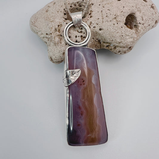 Natural Gemstone Purple Agate in Stirling Silver Pendant with Asymmetrical Leaf Accent - DivineGemCat