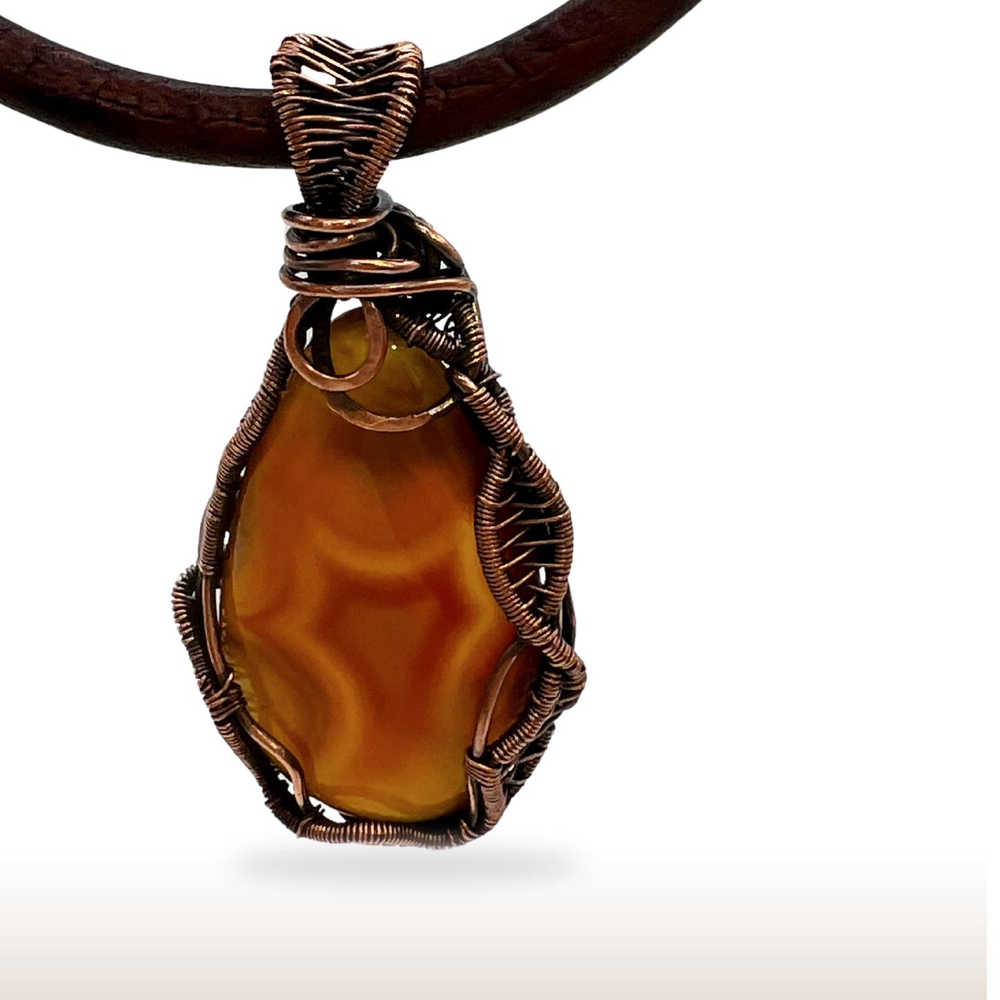 Copper Wire Wrapped Gemstone Natural Agate Leather Necklace - DivineGemCat