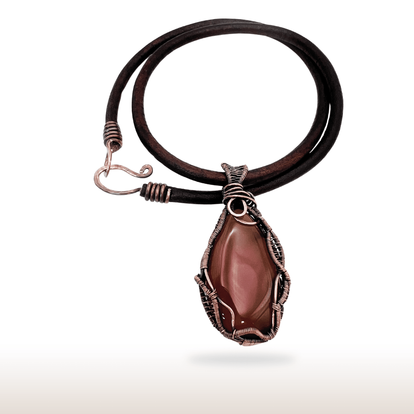 Copper Wire Wrapped Gemstone Natural Agate Leather Necklace - DivineGemCat