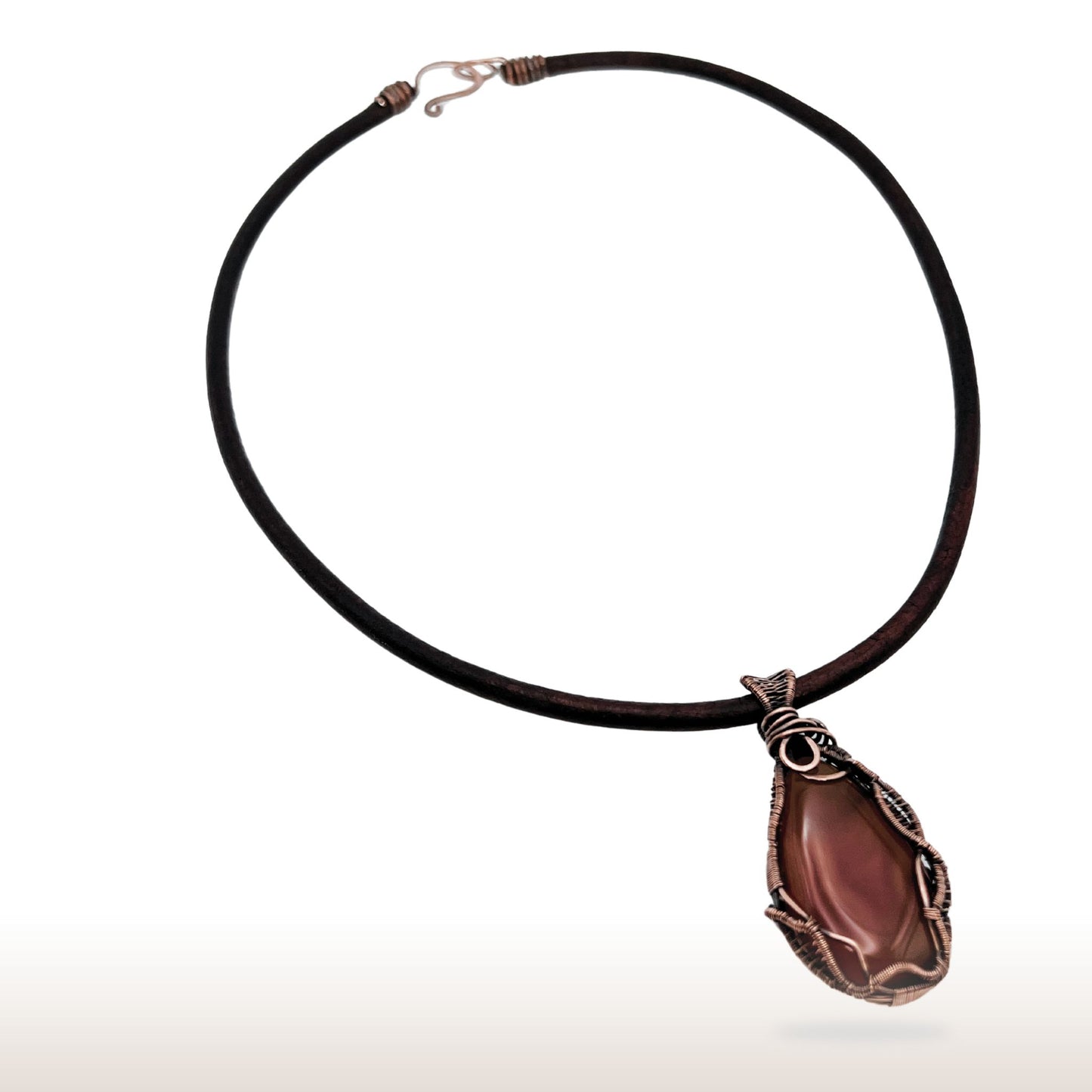 Copper Wire Wrapped Gemstone Natural Agate Leather Necklace - DivineGemCat