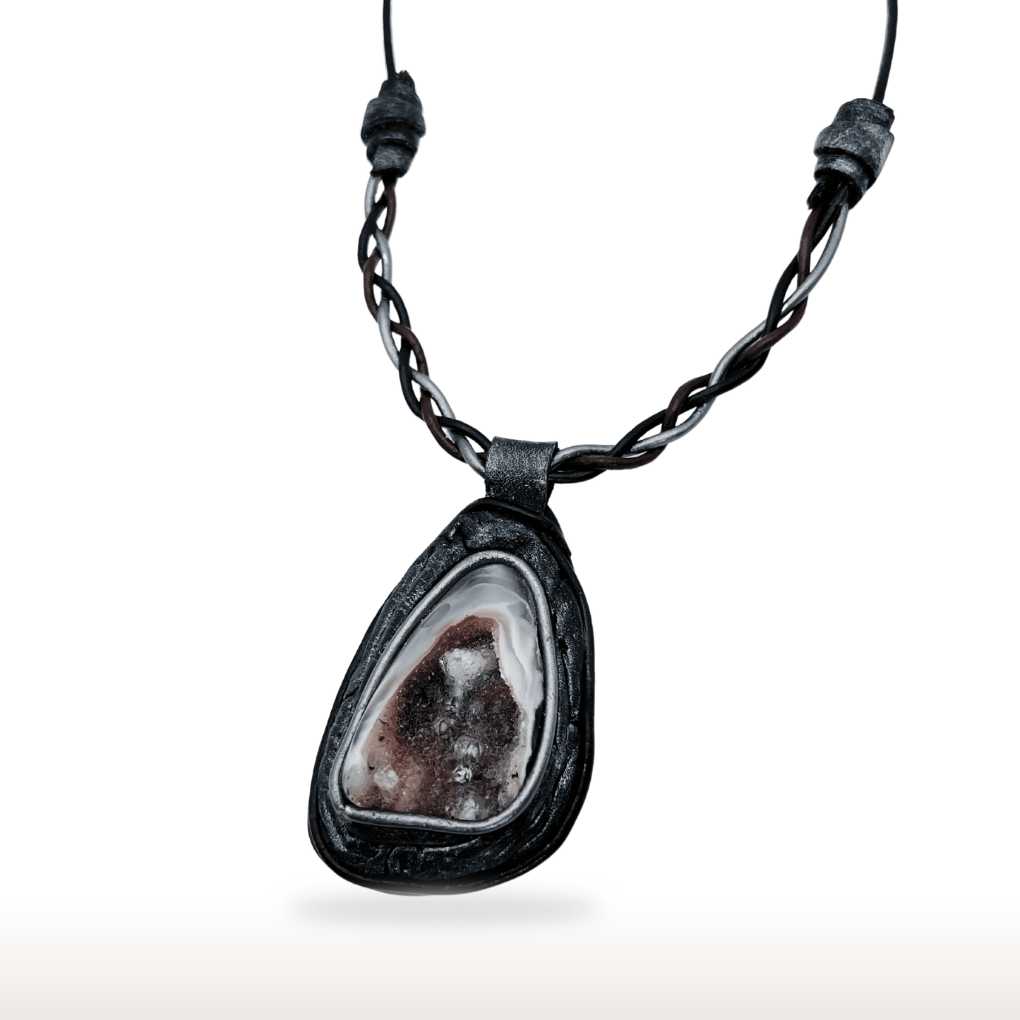 Braided Leather Necklace with Druzy Agate - DivineGemCat