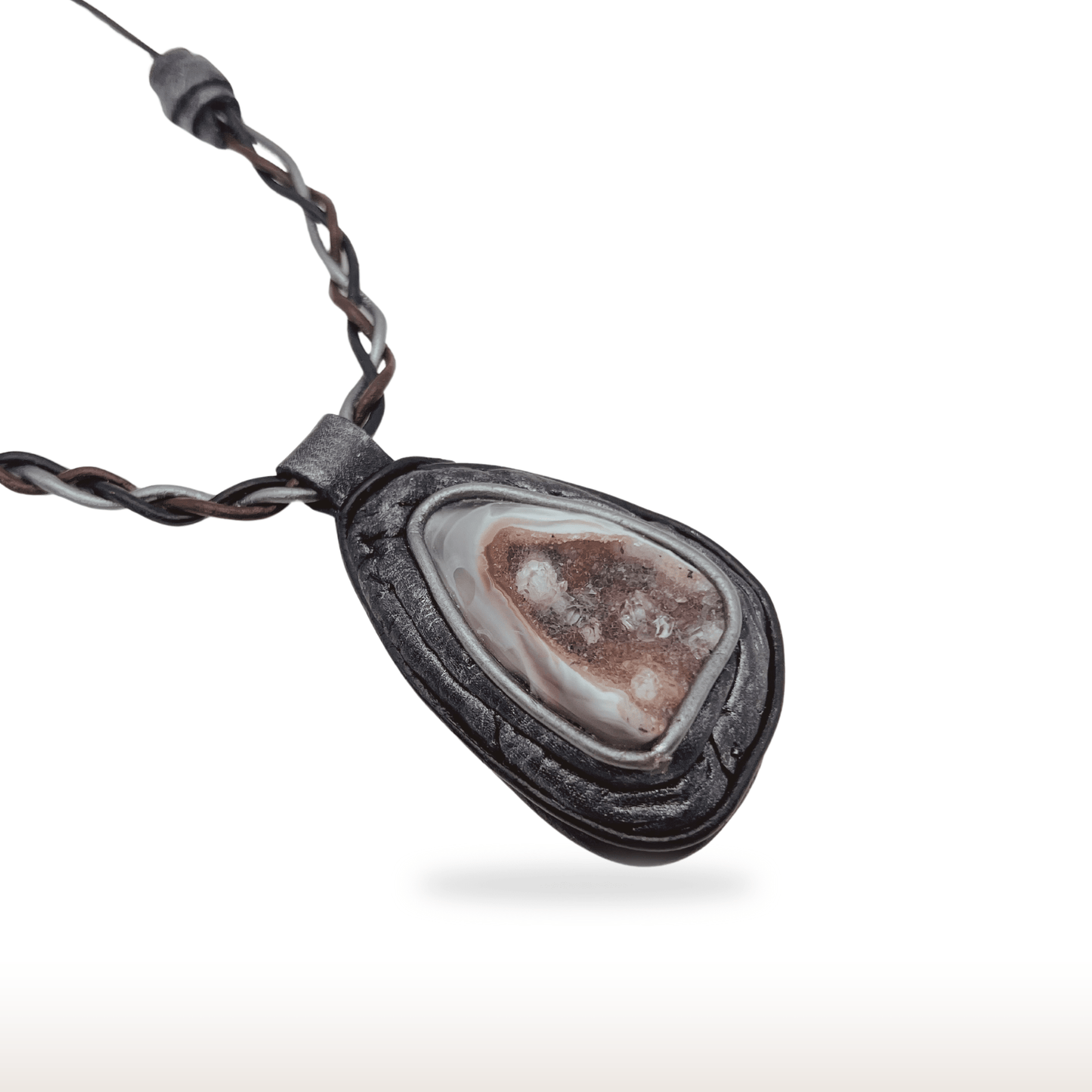 Braided Leather Necklace with Druzy Agate - DivineGemCat