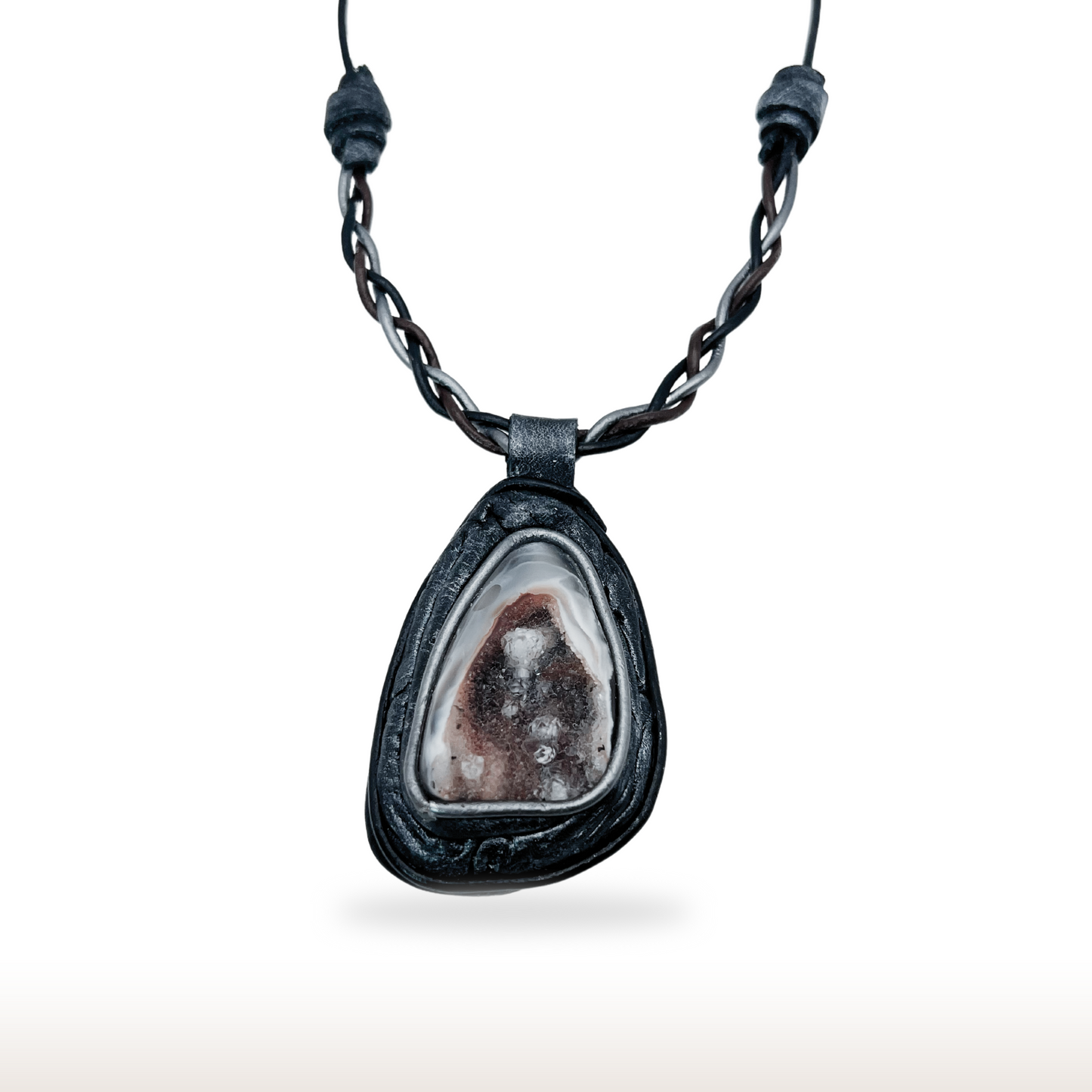 Braided Leather Necklace with Druzy Agate