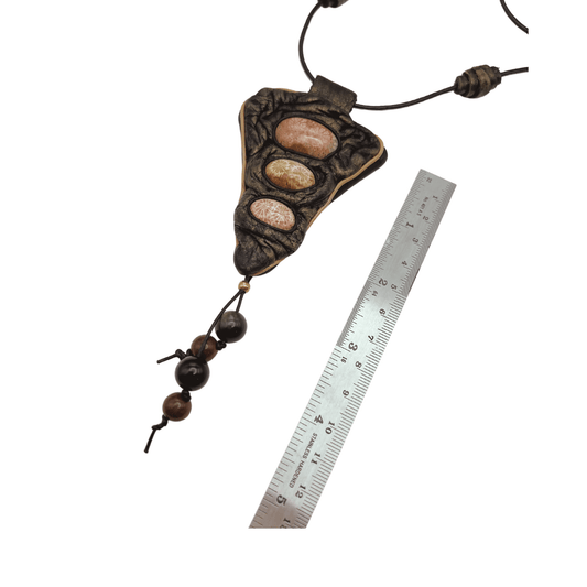 Long Leather Necklace with Fossilized Corals. Handmade - DivineGemCat