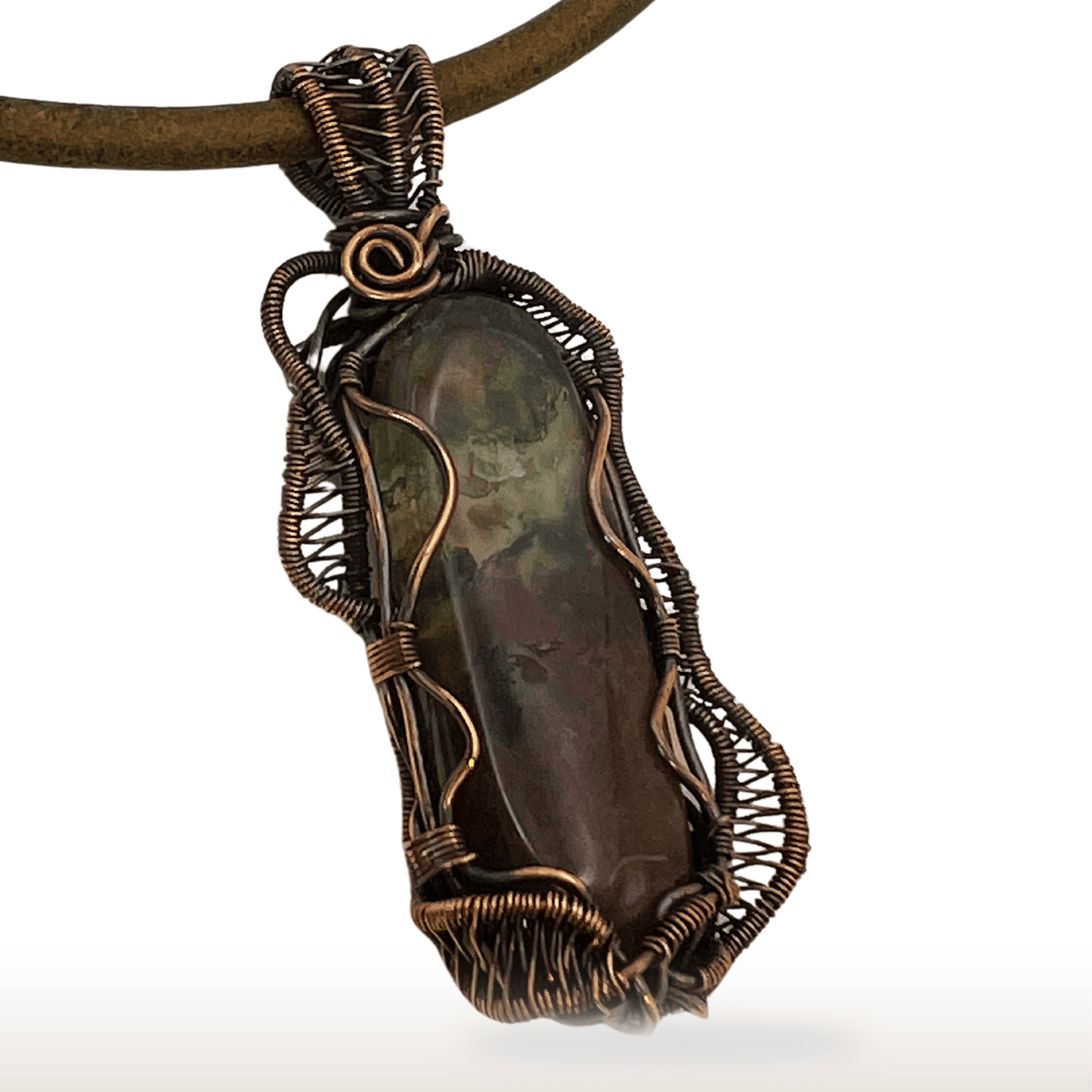 Wire - Wrapped Moss Agate Necklace with Oxidized Copper Wire on Leather Cord - DivineGemCat