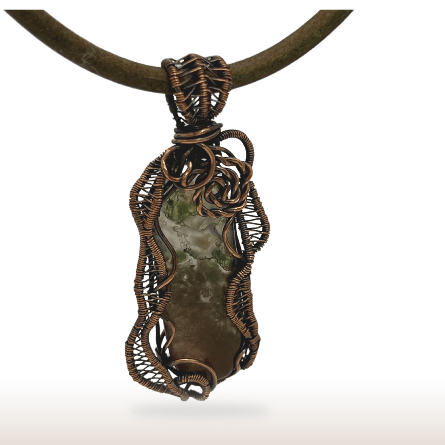 Wire - Wrapped Moss Agate Necklace with Oxidized Copper Wire on Leather Cord - DivineGemCat