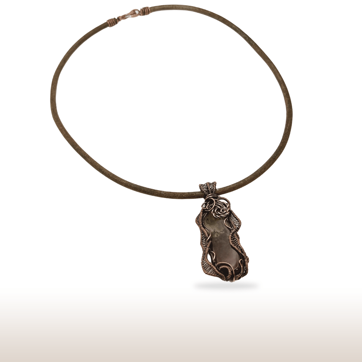 Wire - Wrapped Moss Agate Necklace with Oxidized Copper Wire on Leather Cord - DivineGemCat