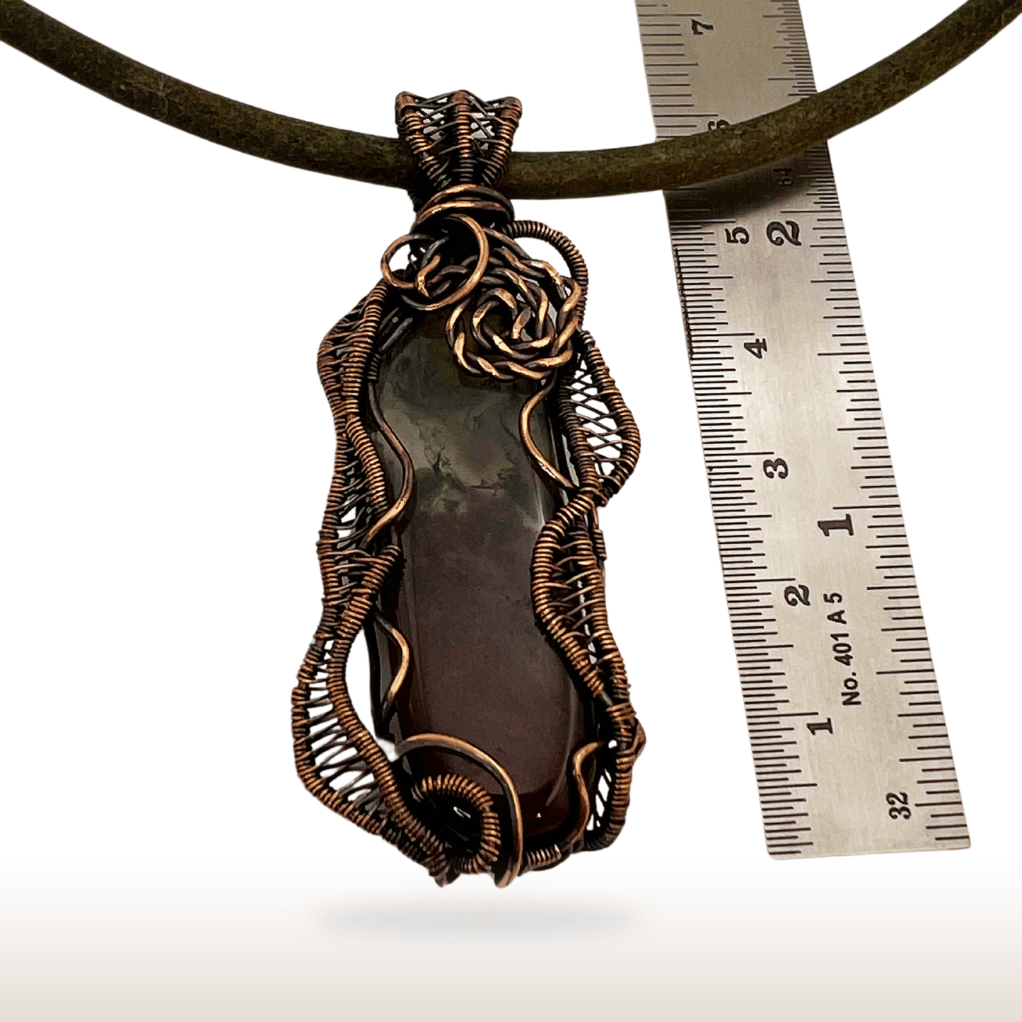 Wire - Wrapped Moss Agate Necklace with Oxidized Copper Wire on Leather Cord - DivineGemCat