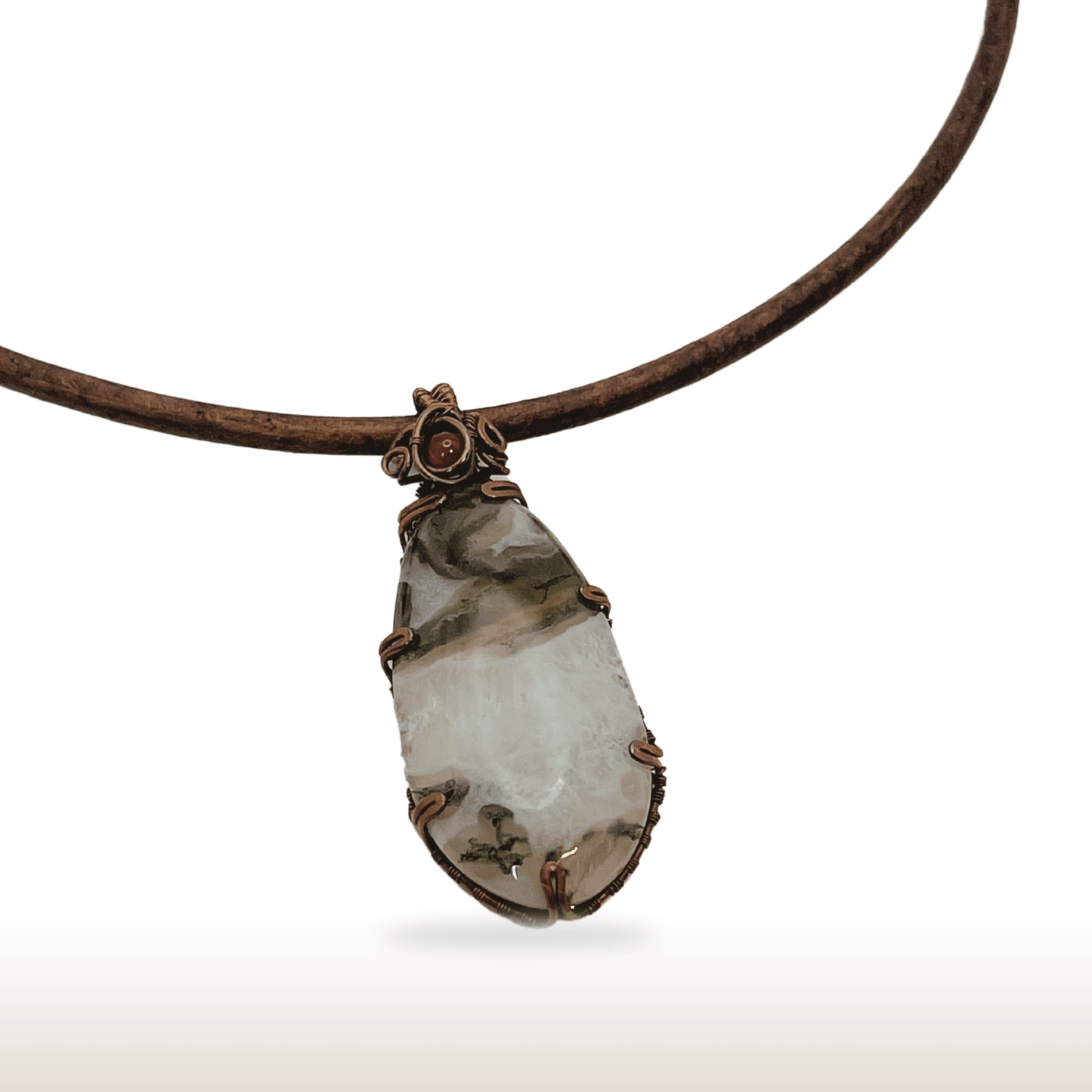 Wire - Wrapped Moss Agate Necklace with Oxidized Copper Wire on Leather Cord. - DivineGemCat