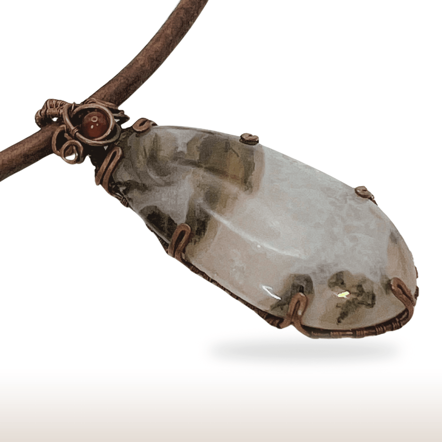 Wire - Wrapped Moss Agate Necklace with Oxidized Copper Wire on Leather Cord. - DivineGemCat