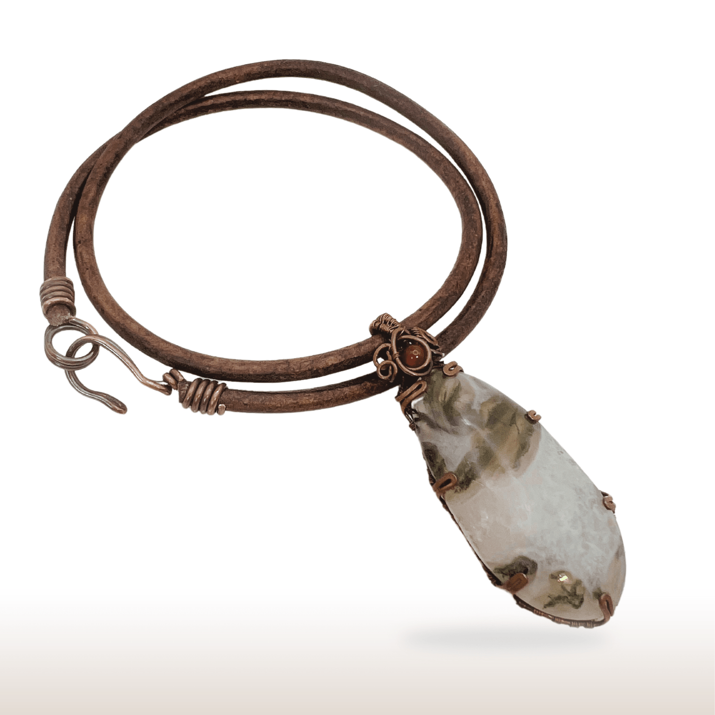 Wire - Wrapped Moss Agate Necklace with Oxidized Copper Wire on Leather Cord. - DivineGemCat