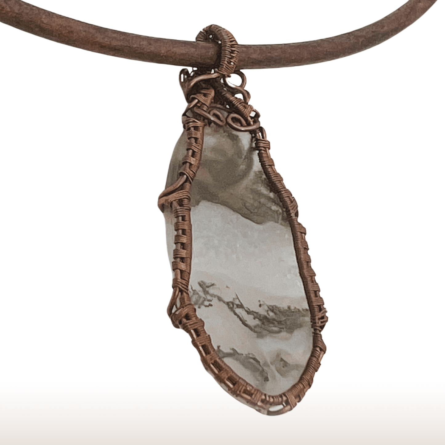 Wire - Wrapped Moss Agate Necklace with Oxidized Copper Wire on Leather Cord. - DivineGemCat