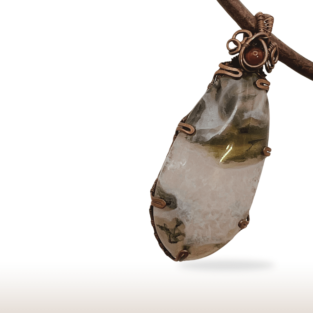 Wire - Wrapped Moss Agate Necklace with Oxidized Copper Wire on Leather Cord. - DivineGemCat