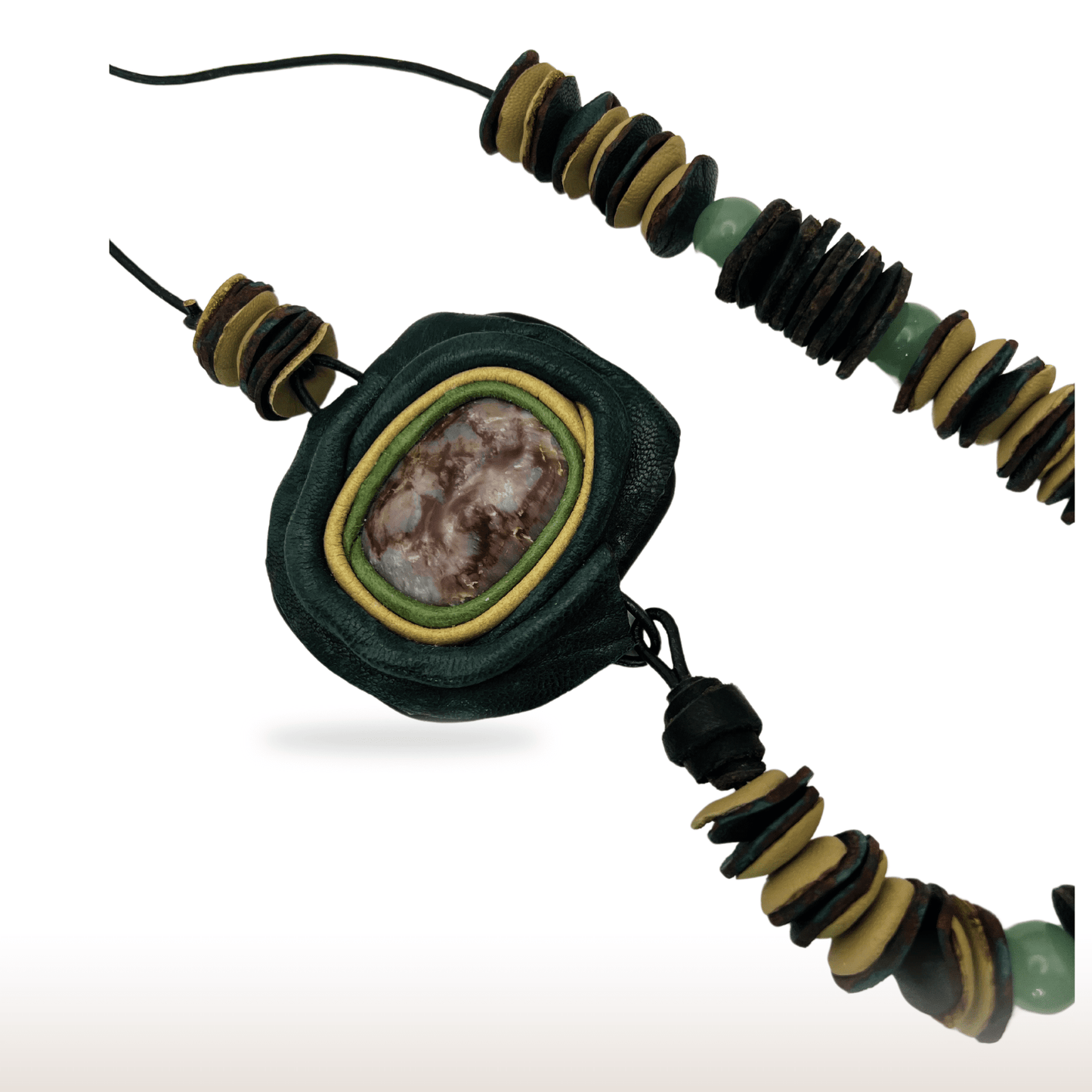 Leather Necklace with Natural Stone and Aventurine Beads - DivineGemCat