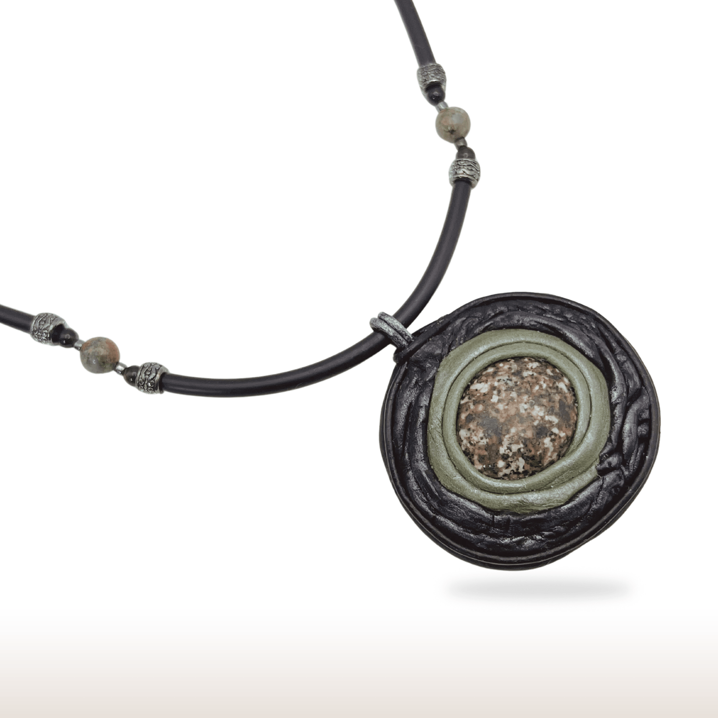 Leather Pendant with Natural Stone on Silicone Cord with Unakite Beads - DivineGemCat