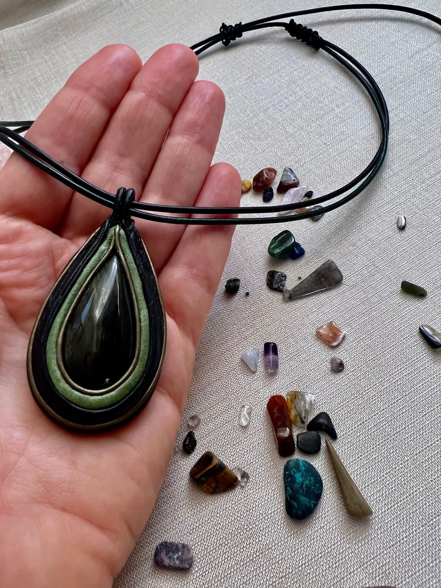 Golden sheen obsidian leather necklace. - DivineGemCat