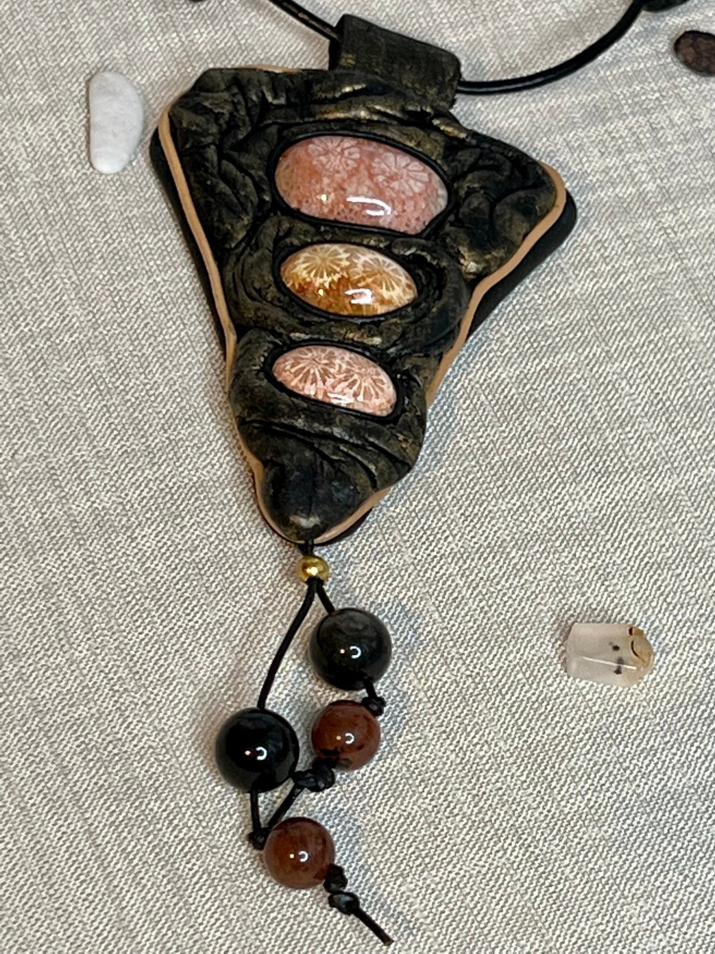 Long Leather Necklace with Fossilized Corals. Handmade - DivineGemCat