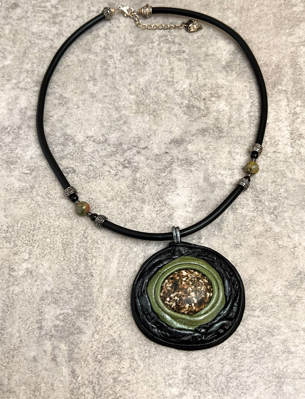 Leather Pendant with Natural Stone on Silicone Cord with Unakite Beads - DivineGemCat