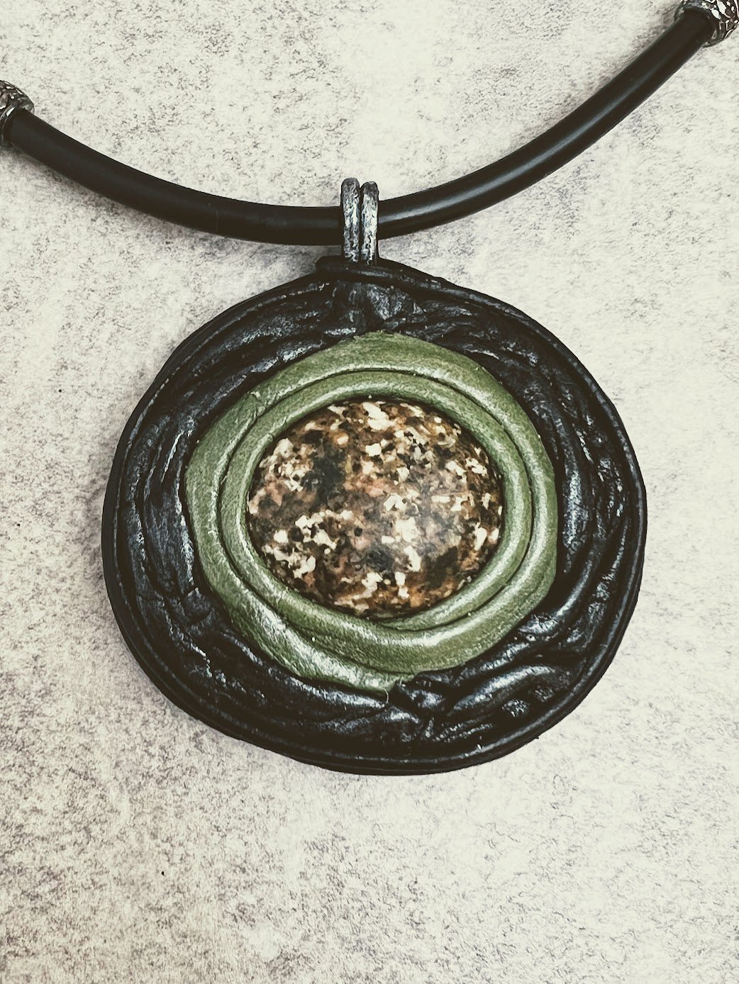 Leather Pendant with Natural Stone on Silicone Cord with Unakite Beads - DivineGemCat