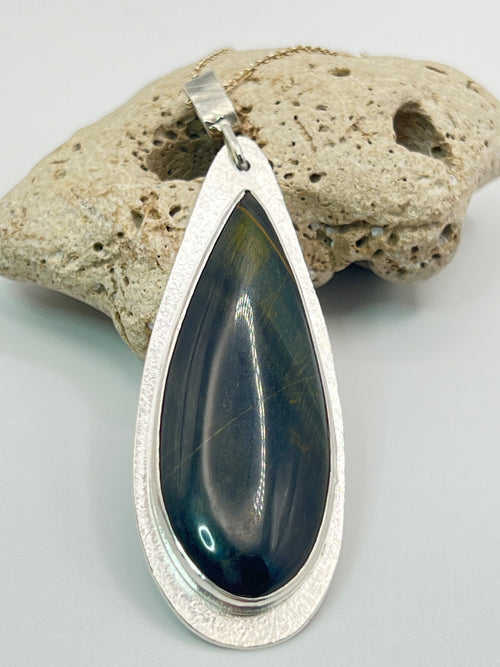 Blue Tiger Eye Pendant in Sterling Silver – Statement Pendant
