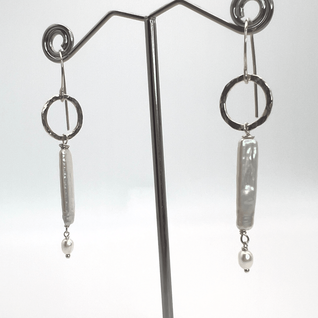 Handcrafted Long Pearl Drop Earrings with Sterling Silver Links - DivineGemCat
