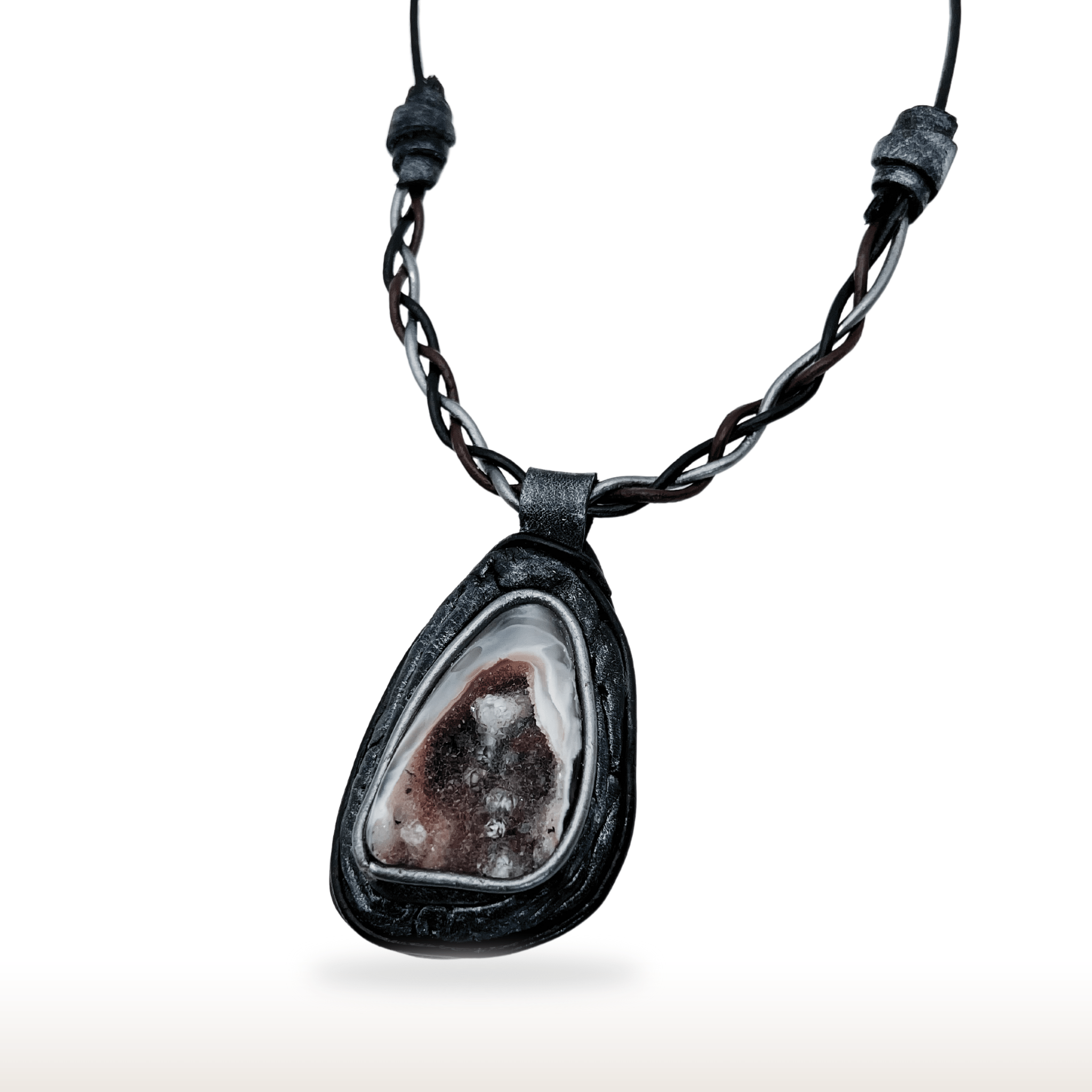 Braided Leather Necklace with Druzy Agate - DivineGemCat