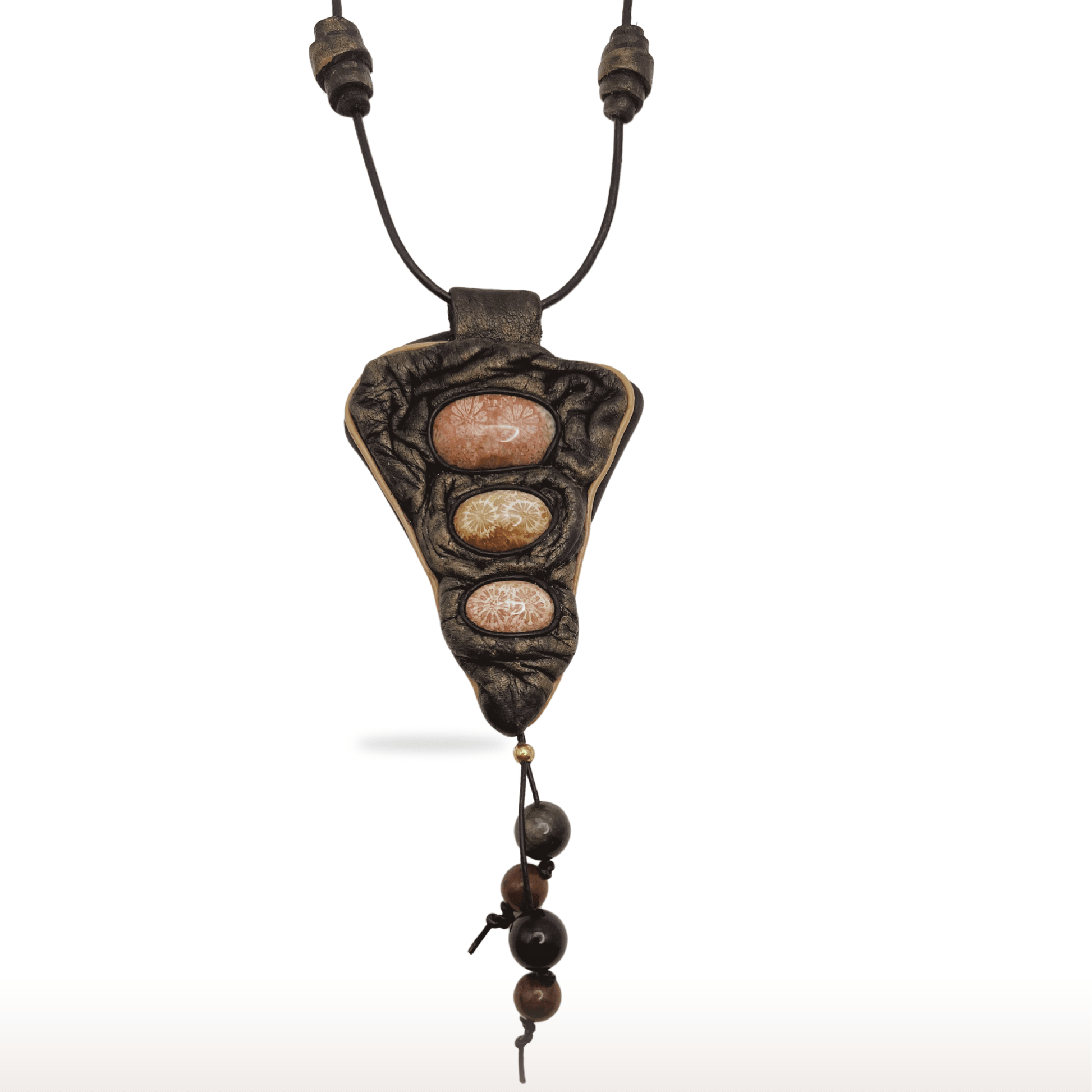 Long Leather Necklace with Fossilized Corals. Handmade - DivineGemCat
