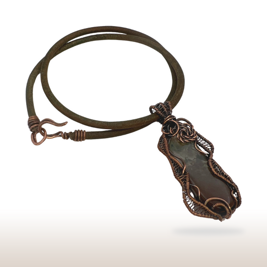 Wire-Wrapped Moss Agate Necklace with Oxidized Copper Wire on Leather Cord