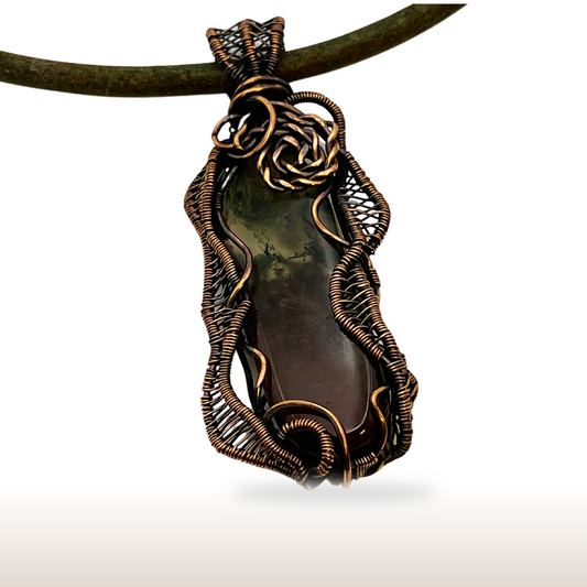 Wire-Wrapped Moss Agate Necklace with Oxidized Copper Wire on Leather Cord