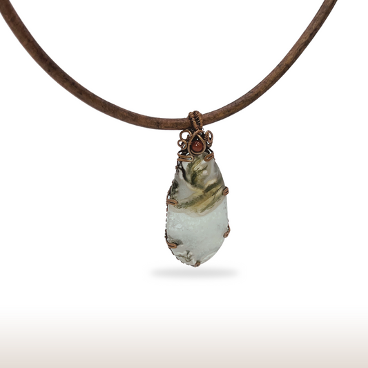 Wire-Wrapped Moss Agate Necklace with Oxidized Copper  Wire on Leather Cord.