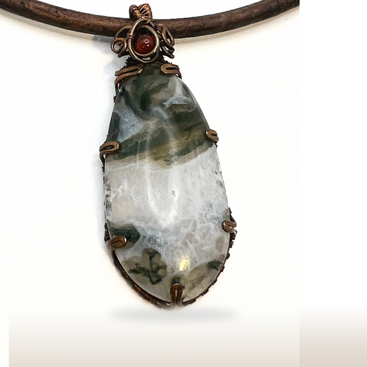 Wire-Wrapped Moss Agate Necklace with Oxidized Copper  Wire on Leather Cord.