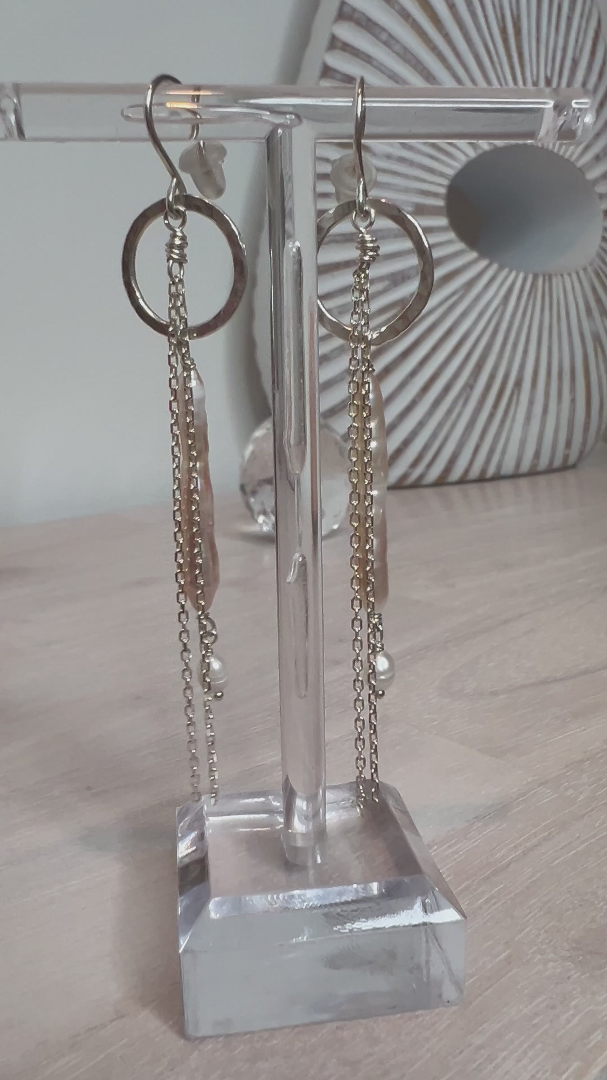 Stirling silver earrings with long pearls and chain. Light weighted earrings.