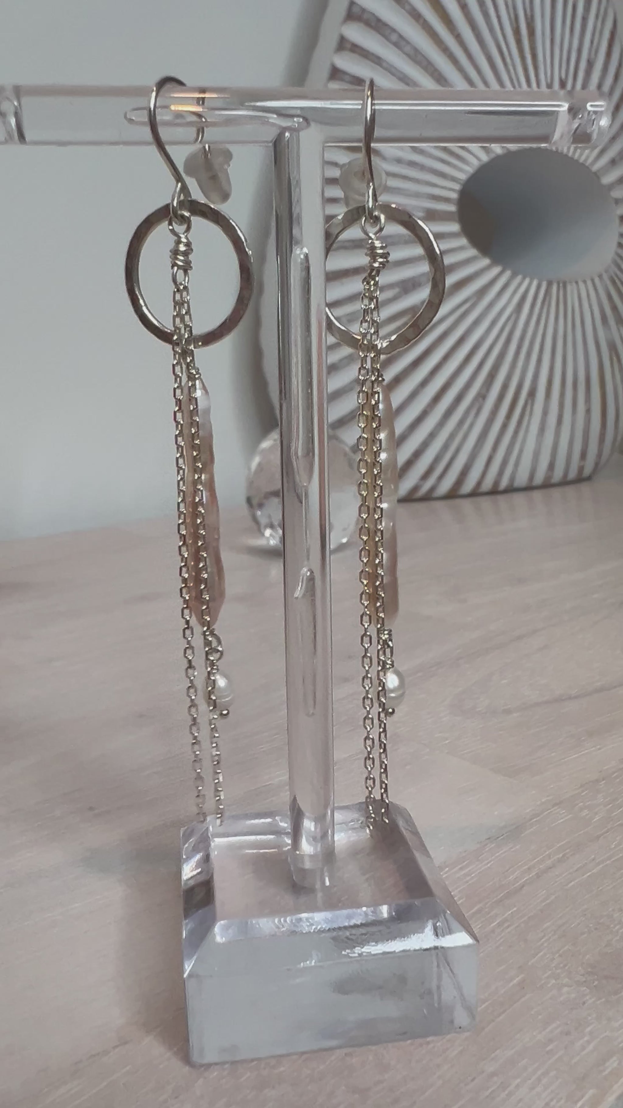 Stirling silver earrings with long pearls and chain. Light weighted earrings.