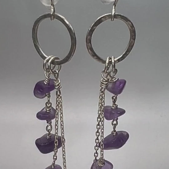 Live view of lightweight amethyst drop earrings showing purple gemstone beads
and chain