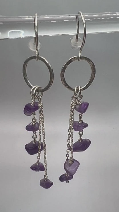 Live view of lightweight amethyst drop earrings showing purple gemstone beads
and chain