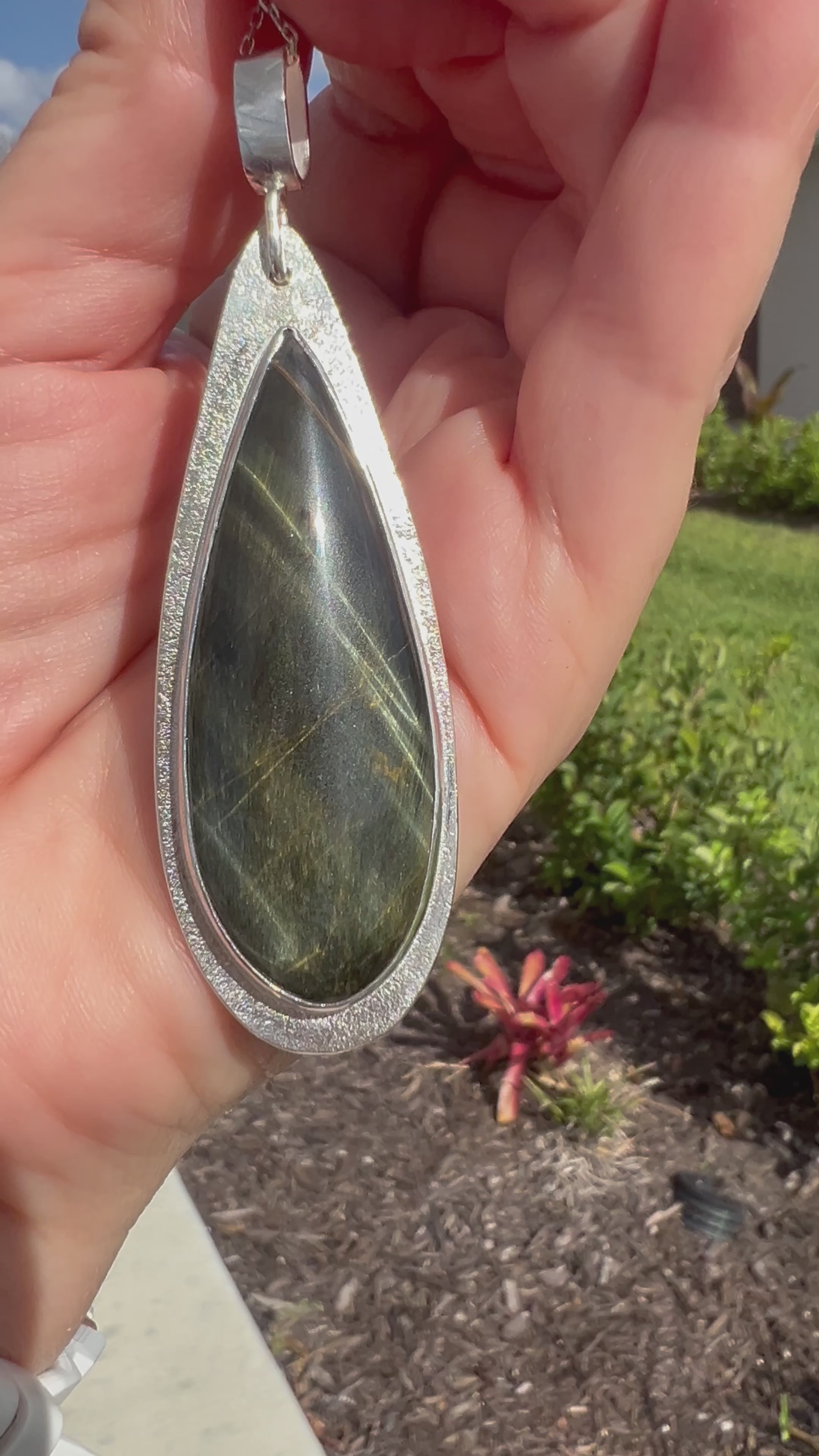 Blue tiger eye sterling silver statement pendant