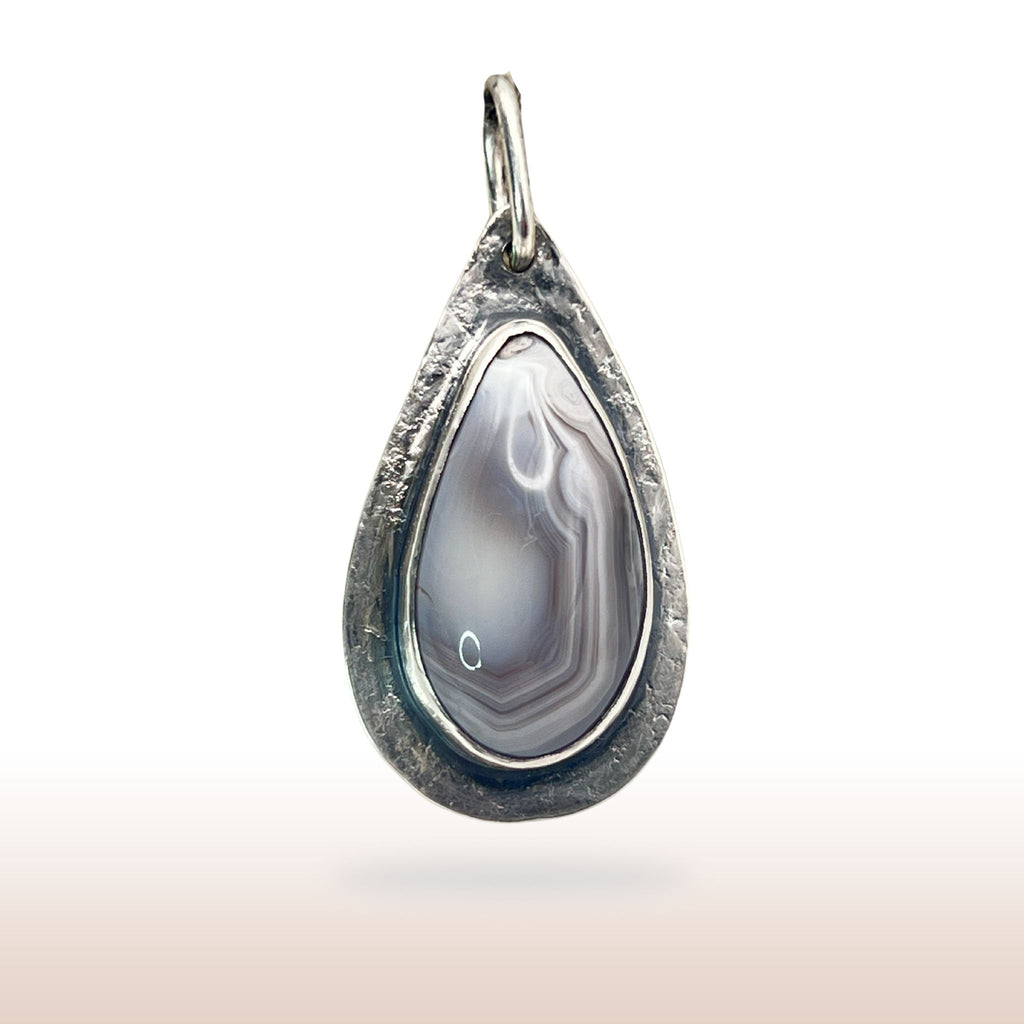 Minimalist sterling silver pendant with natural agate gemstone with white, gray lines, stone artisan handmade jewelry