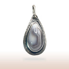Minimalist sterling silver pendant with natural agate gemstone with white, gray lines, stone artisan handmade jewelry