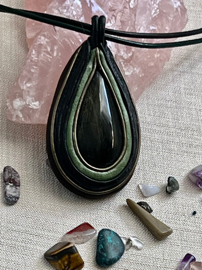 Golden sheen obsidian leather necklace.