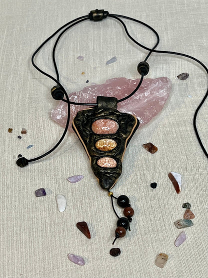 Long Leather Necklace with Fossilized Corals. Handmade - DivineGemCat