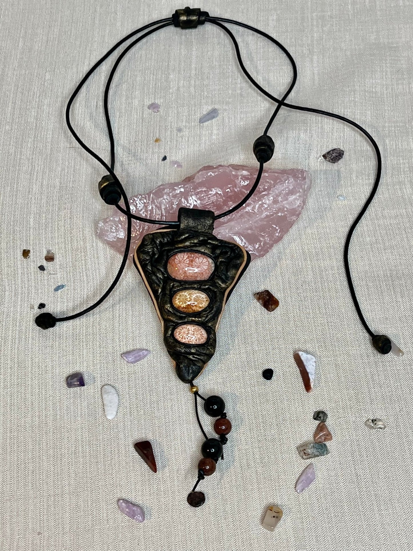 Long Leather Necklace with Fossilized Corals. Handmade - DivineGemCat