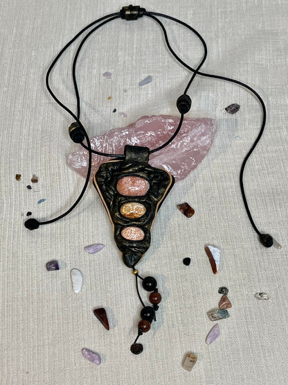Long Leather Necklace with Fossilized Corals. Handmade - DivineGemCat