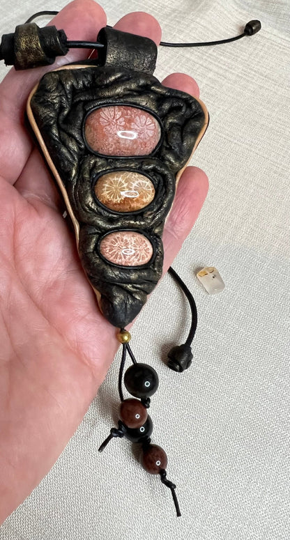 Long Leather Necklace with Fossilized Corals. Handmade - DivineGemCat