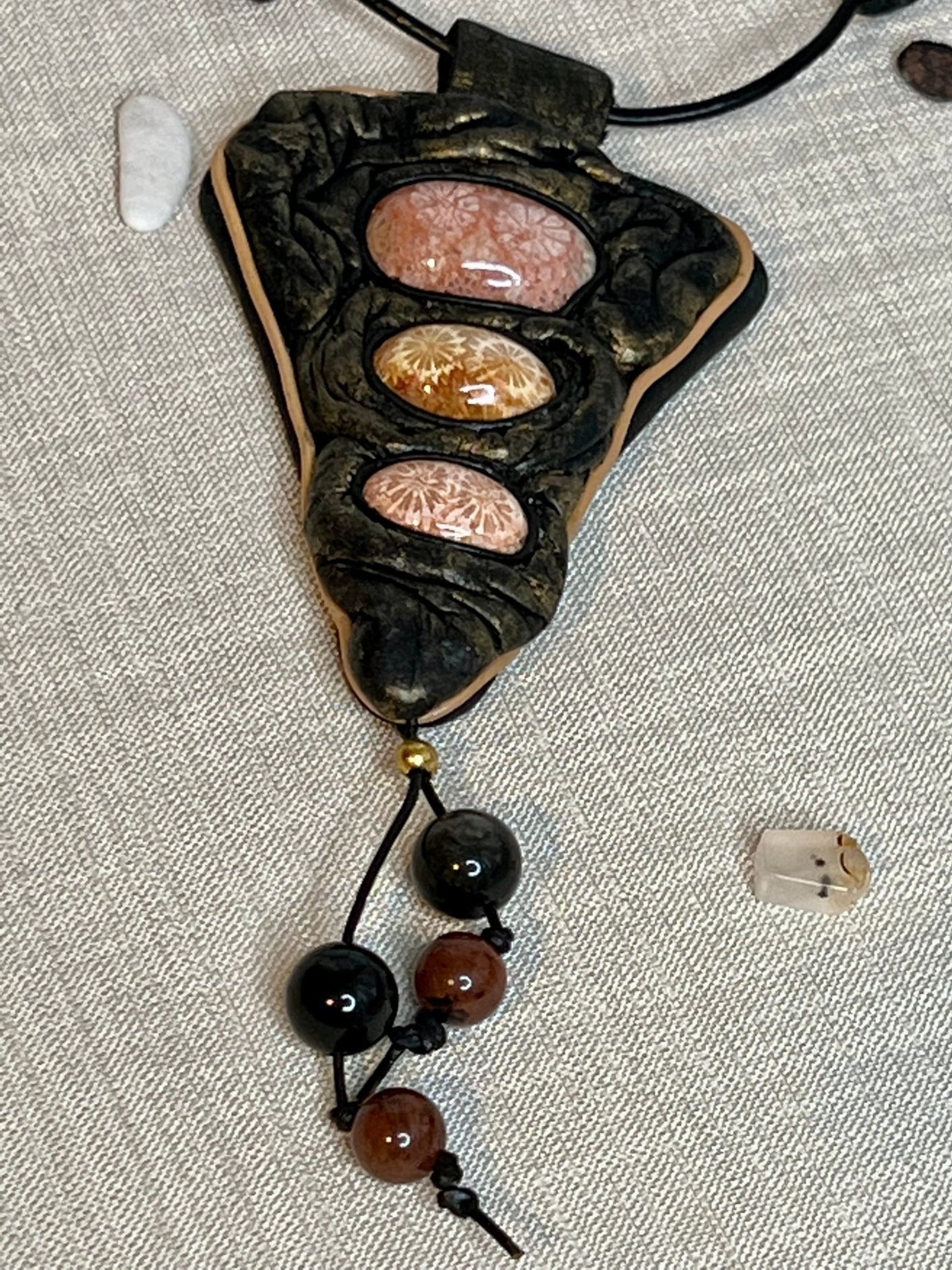 Long Leather Necklace with Fossilized Corals. Handmade - DivineGemCat