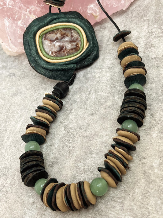 Leather Necklace with Natural Stone and Aventurine Beads
