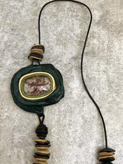 Leather Necklace with Natural Stone and Aventurine Beads