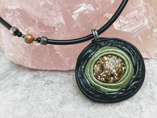 Leather Pendant with Natural Stone  on Silicone Cord with Unakite Beads